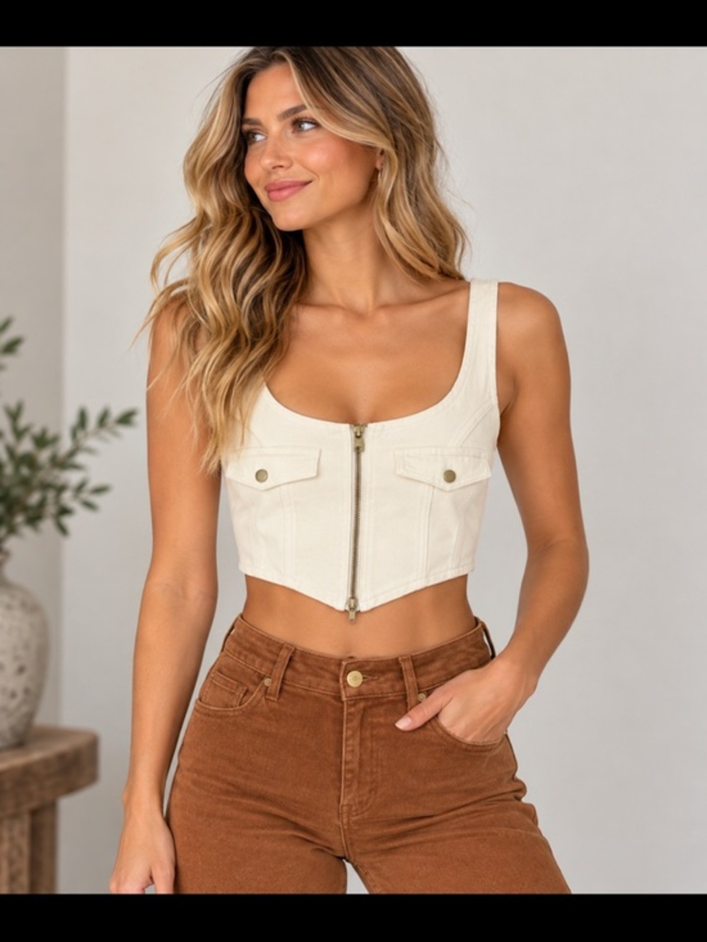 WEWOREWHAT Revolve Cream Denim Zip Front Corset Crop Top Size Medium
